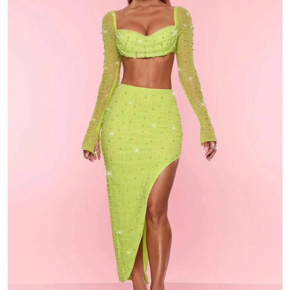 Oh Polly Green pearl bejeweled formal two piece set with midi dress and crop top